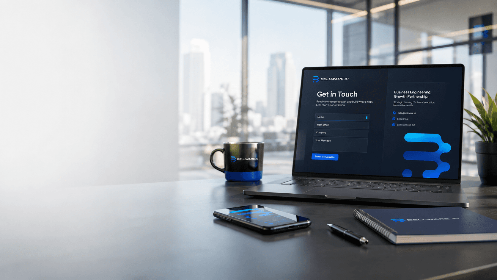 Bellware contact workspace with a laptop displaying business systems.