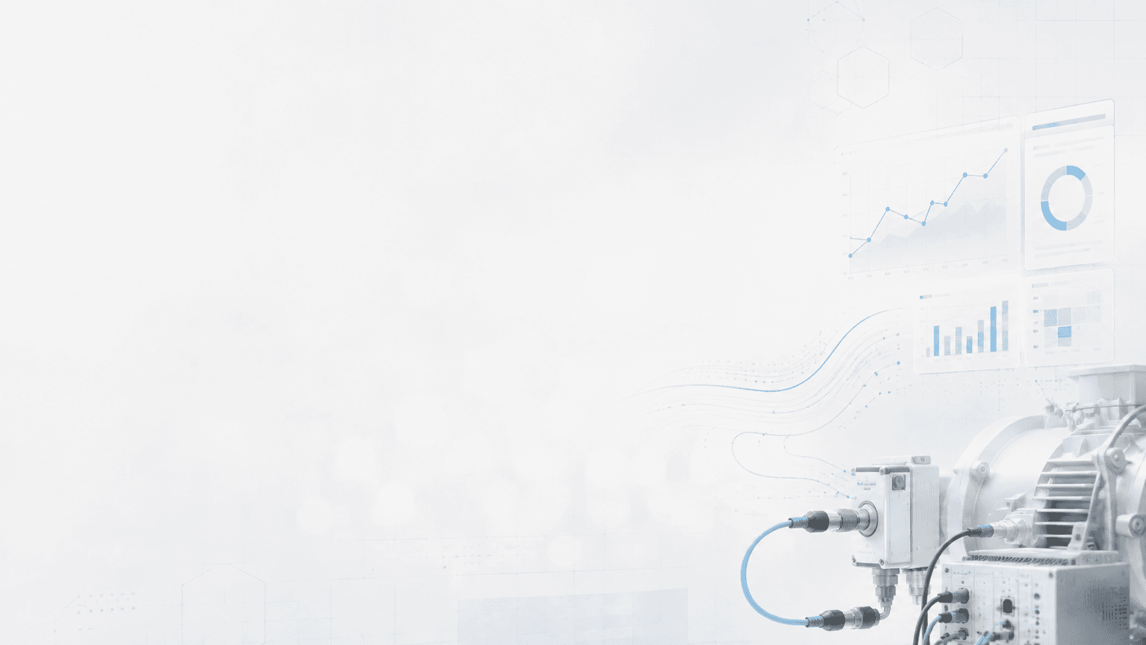 Industrial machinery connected to sensors, data lines, and operational dashboards.