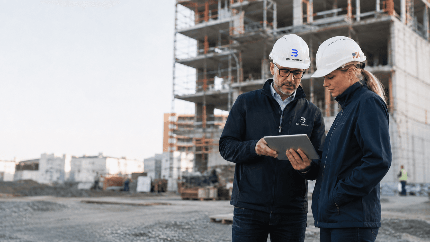 Two construction professionals reviewing operations on a tablet at an active site